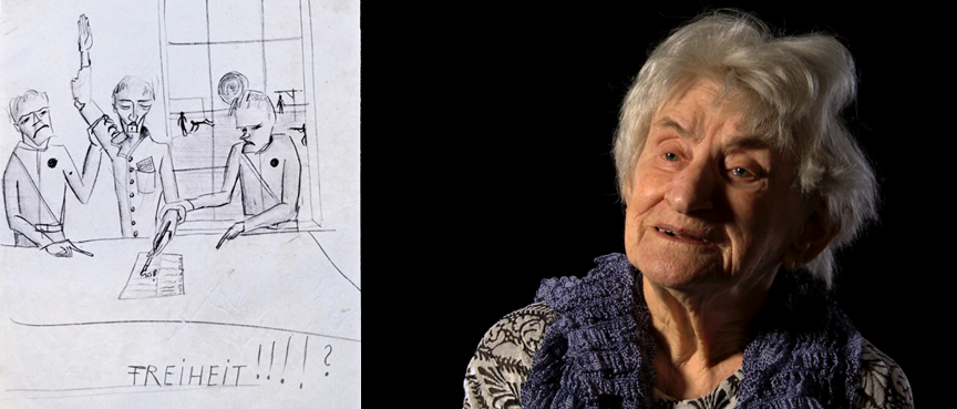Die Freiburger Künstlerin Gretel Bechtold (1922-2017) und eine ihrer Arbeiten.
